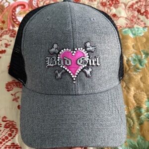 Gray and Black 'Bad Girl' Cap with Pink Heart